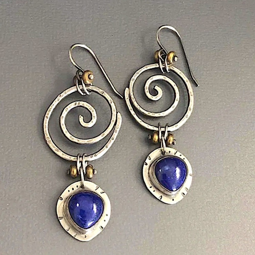 Boho Silver Blue Lapis Spiral Drop Earrings Vintage Style - Picture 3 of 4